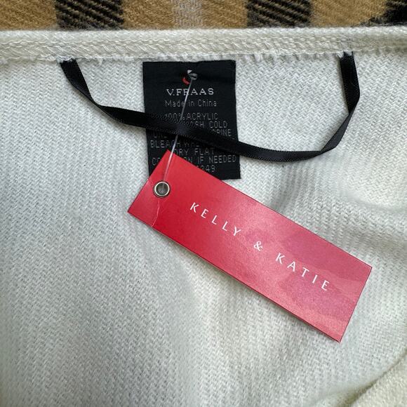 NWT Kelly & Katie V. Fraas Plaid Poncho Fringe Trim Black Beige Ivory OSFM - Picture 9 of 11